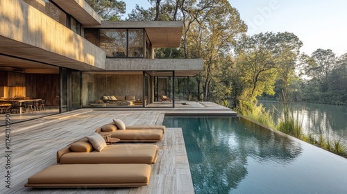 Modern architectural design featuring a serene poolside setting near a natural landscape.