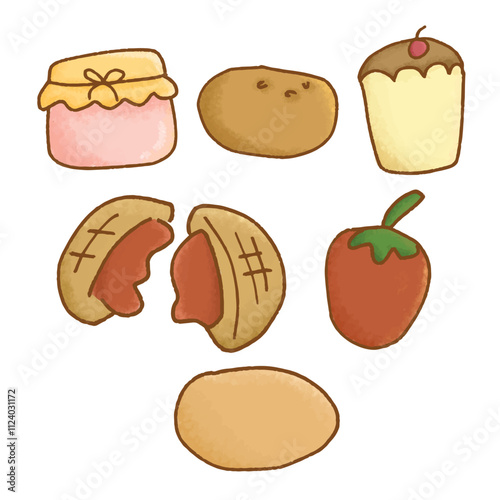 clipart of strawberry and strawberry processed food. Jam, muffin, donut, sweet.