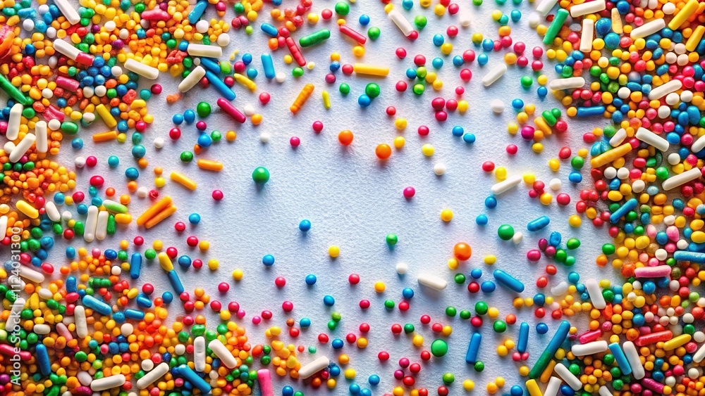 Obraz premium Colorful sprinkles and candy confetti border on a light blue background