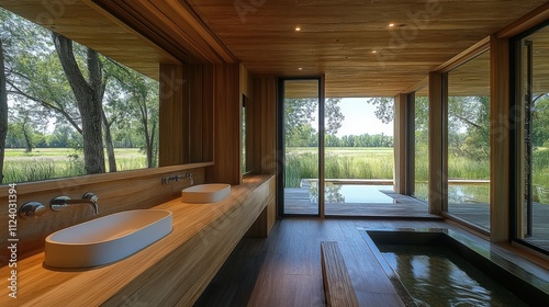Modern bathroom with wooden accents and large windows overlooking a serene landscape.