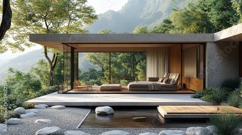 Modern house with large glass windows, surrounded by nature and a serene water feature.
