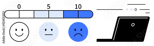 emotion faces showing user satisfaction levels from happy to sad, with numeric rating scale 0, 5, 10 and laptop. Ideal for customer feedback, user experience, tech reviews, online surveys, market