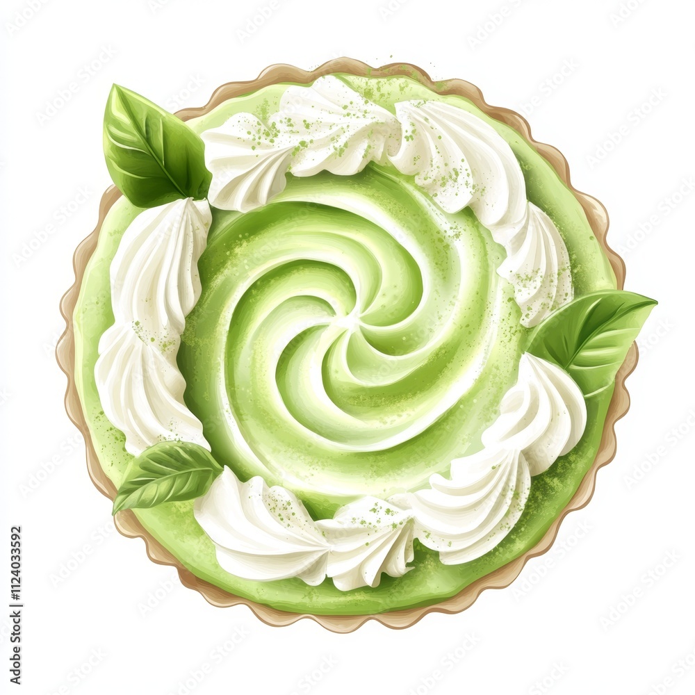 Obraz premium Elegant Matcha Mousse Cake with Whipped Cream Swirls on White Background for Promotional Design