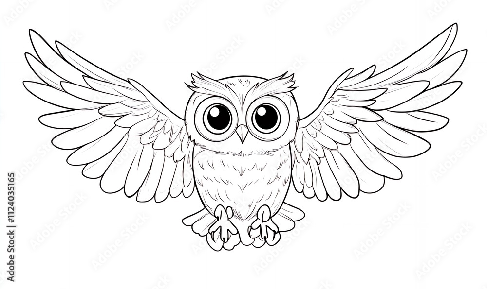 Obraz premium Adorable Cartoon Owl in Flight: A Black and White Line Drawing of a Soaring Owl with Large Eyes and Spread Wings