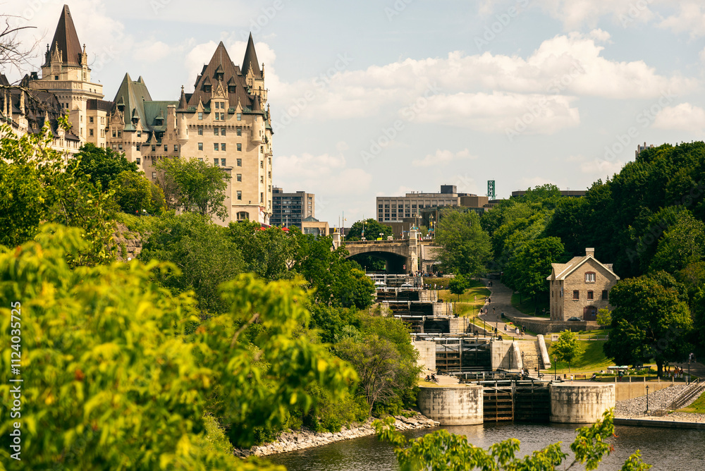 Fototapeta premium Scenic View of Château Laurier and Rideau Canal Locks in Ottawa, Canada