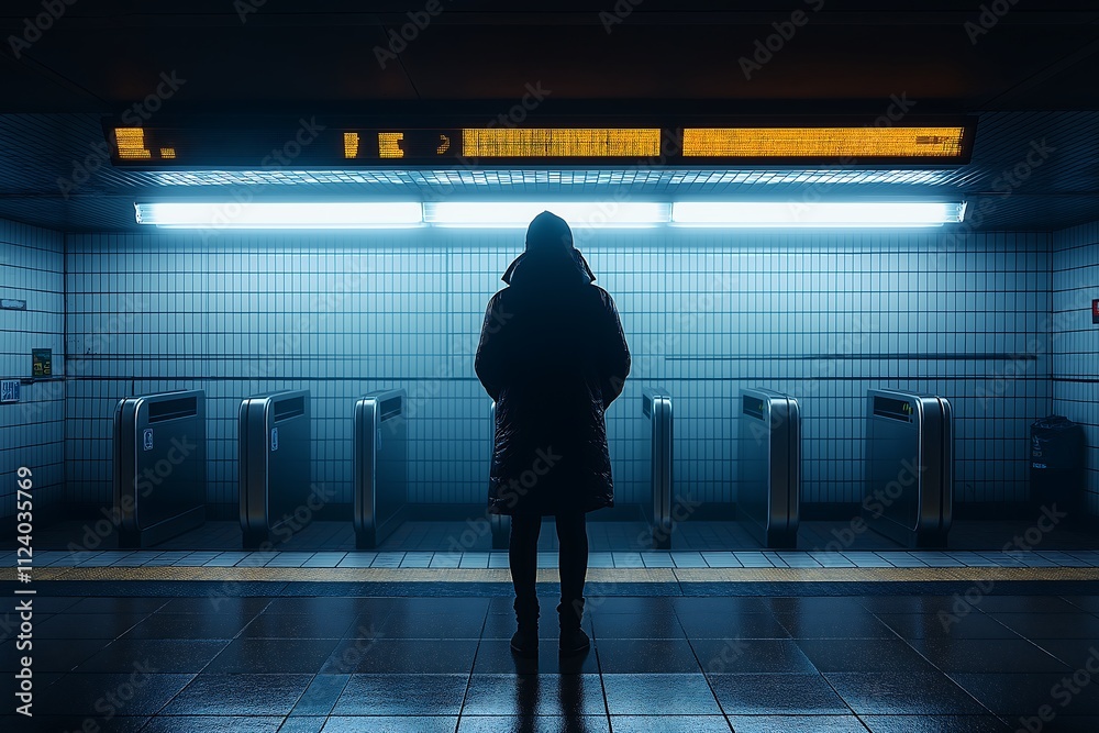 Fototapeta premium Solitary Figure in a Deserted, Neon-Lit Subway Station