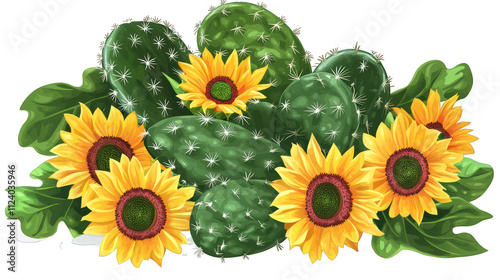 Bright sunflower and cactus leaf vector design, perfect for vibrant desert themes. photo