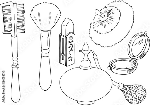 Vintage set of cosmetics including a comb, powder puff, perfume, lipstick. Ideal for beauty and fashion branding: hair salons, lifestyle blogs. Illustration for article, business card, label, magazine