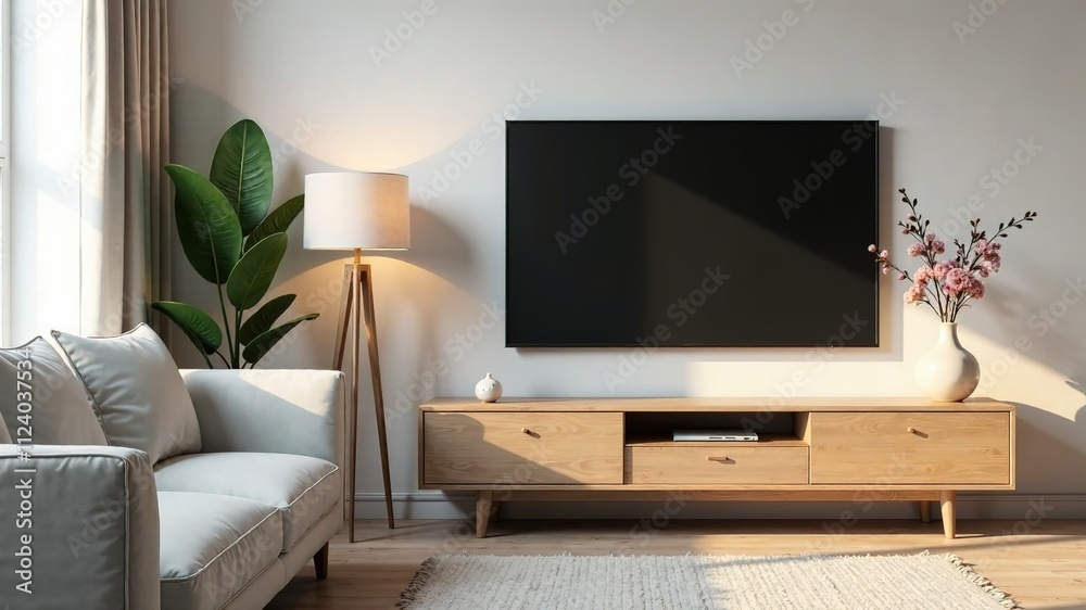 Modern Living Room with Flat Screen TV, Lamp, and Plant - AI Photorealistic Rendering Modern Living Room with Flat Screen TV, Lamp, and Plant - AI Photorealistic Rendering
