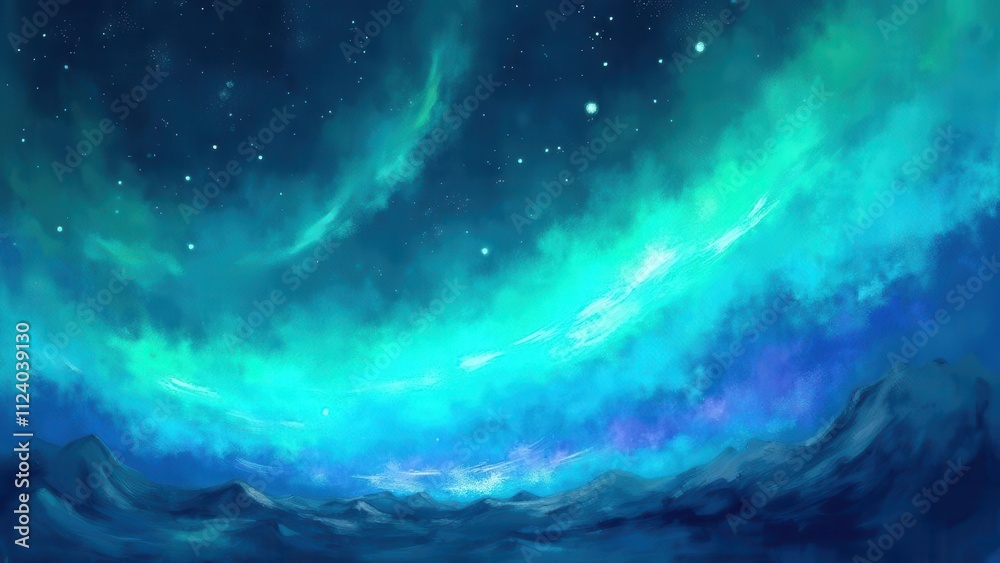 Obraz premium Glowing Polar Gradients.Illustration of neon streaks representing polar lights in varied hues of blue and green over a transparent, star-speckled background. The artwork is defined and luminous, with 
