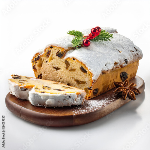 Generated image슈톨렌, Stollen, 독일 크리스마스 빵, German Christmas bread, 전통 디저트, traditional dessert, 말린 과일, dried fruits, 견과류, nuts, 슈거 파우더, powdered sugar, 아몬드 페이스트, almond paste, 스파이스 빵, spiced bread, 크리스마