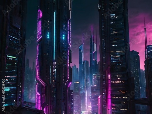 Futuristic Cityscape Illuminated By Neon Lights At Night photo