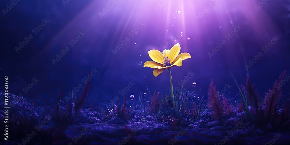 Naklejka premium Magical yellow flower growing at the bottom of the ocean, mysterious, purple light, moody, fantasy artwork 