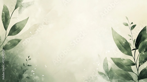 Watercolor Painting of Green Leaves on Beige Background