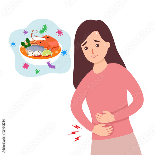 Young woman gets food poisoning in flat design.