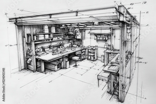 Detailed Technical Sketch of a Welding Workshop photo