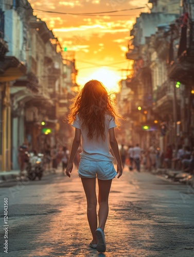 Woman Walking Away at Sunset in Old Havana