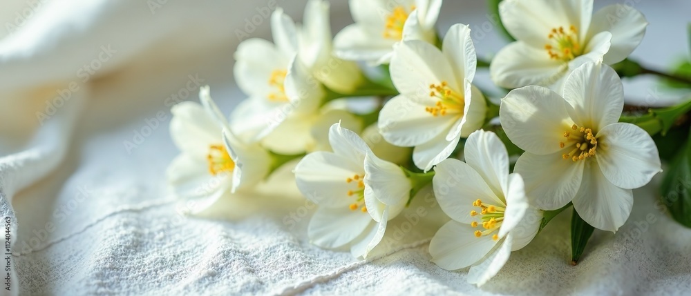 Obraz premium White Flowers Linen Festive Background AI Photo, Delicate Floral, Soft Lighting