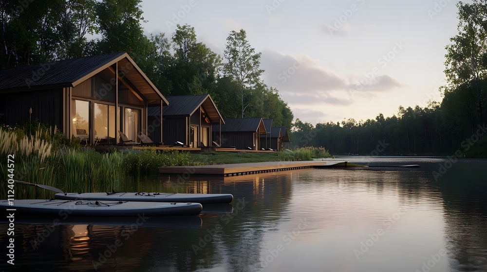 Obraz premium Serene Lakeside Retreat Featuring Paddleboards and Cozy Cabins Amidst Tranquil Natural Surroundings for Relaxation and Outdoor Adventure