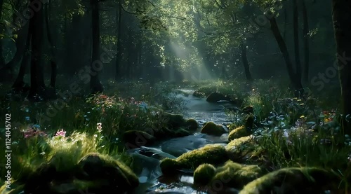 A dark green forest, light shines through the gaps between the trees, there are grasses and colorful flowers on the ground, the stream slowly flows through the stones, the light is soft, real scene photo