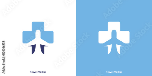Simple Med Travel Logo. Cross Health and Airplane Icon Graphic. Travel Health Logo Design Template.