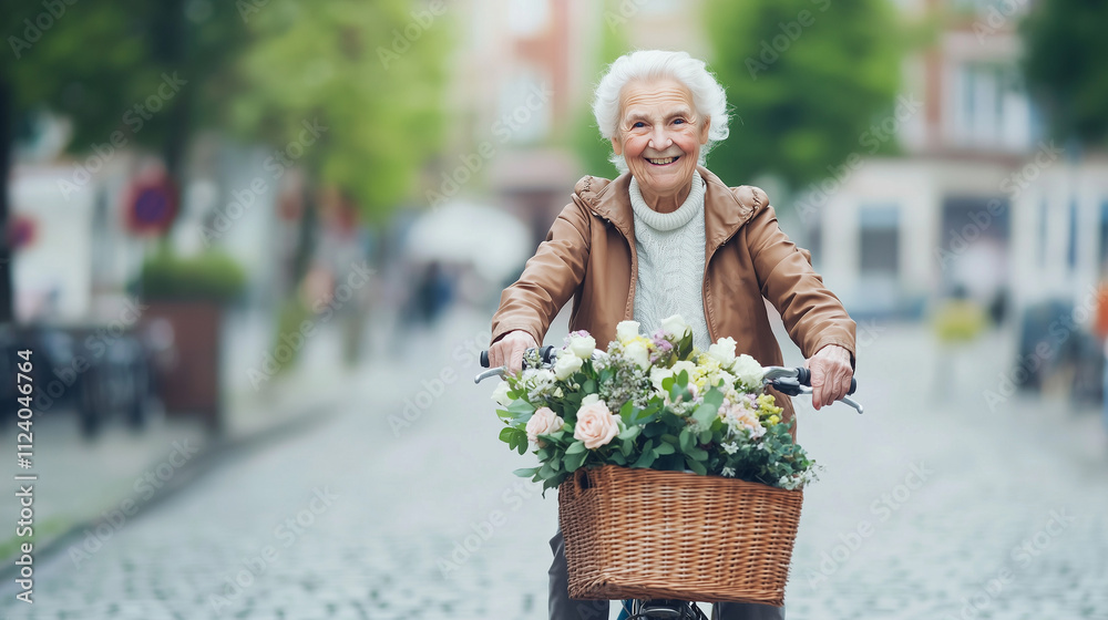 Fototapeta premium Joyful Senior Cycling Through City Street