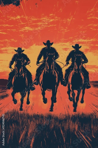 Three Cowboys Riding at Sunset