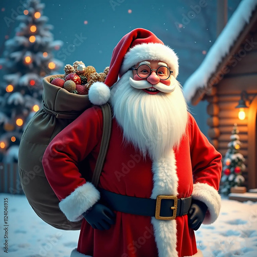 santa claus standing on snow on red dress and red cap with gift bag in front of chrismas tree used for christmas branding