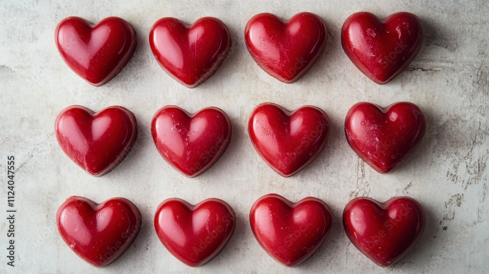 Obraz premium Twelve Red Heart-Shaped Soaps Arranged on Light Gray Surface