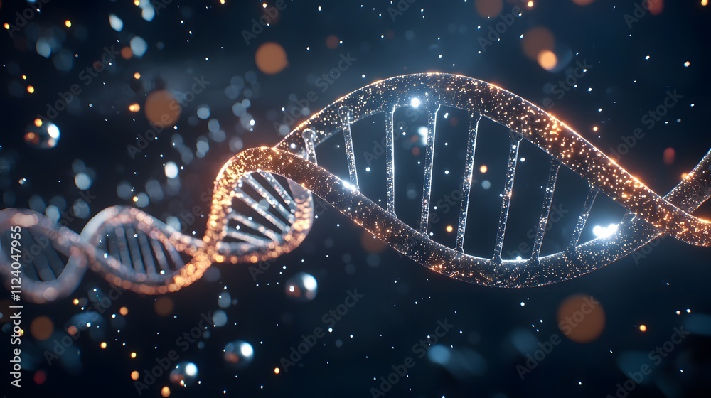 Captivating Visualization of DNA Discovery Featuring a Glowing Helix with Sparkling Particles Against a Dark Background for Scientific Illustration
