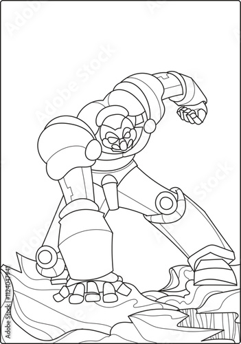 Children's coloring book with a black and white outline robot theme.