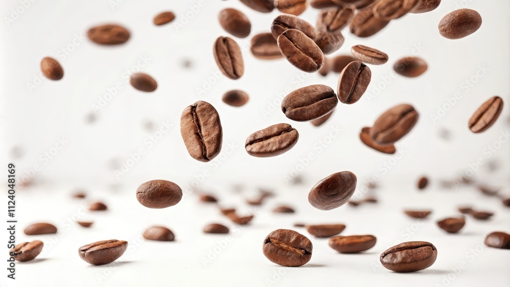 Obraz premium Roasted coffee beans levitating in mid-air, a dynamic display of rich brown hues against a bright white background