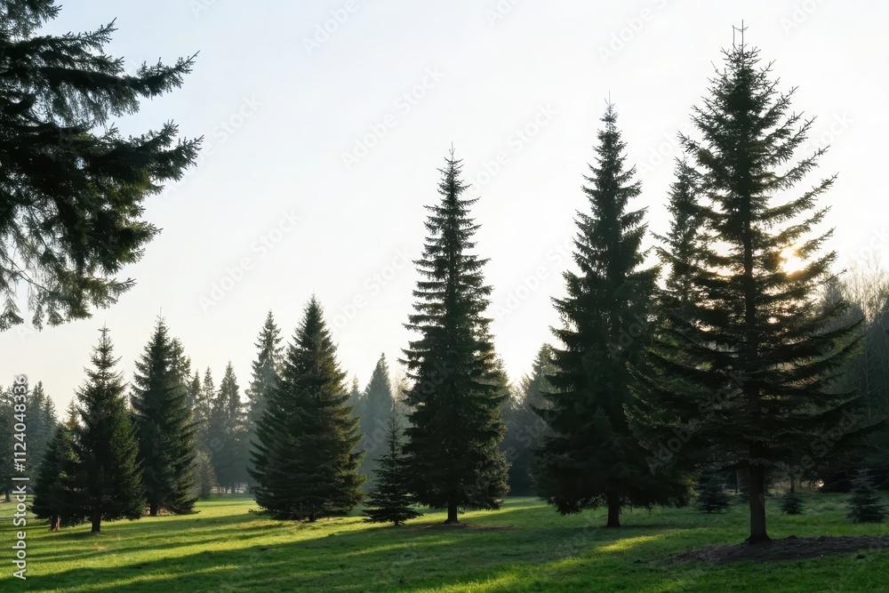 Fototapeta premium Serene Sunset Illuminates Tall Evergreen Trees on a Lush Green Meadow