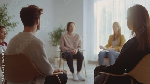 A psychiatric nurse conducting group therapy with psychiatric patients in a mental health facility, with therapy circle and therapeutic setting visible, Group therapy style photo