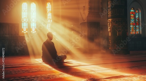 Serene Meditation: A Man Finds Peace in a Sunlit Mosque photo