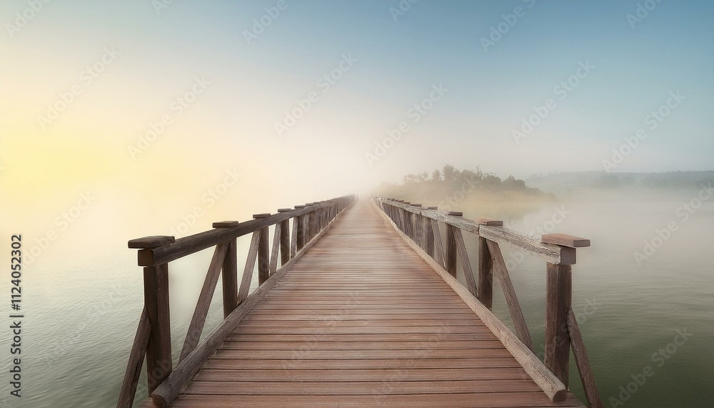 Fototapeta premium The concept of happiness and new beginnings: Rustic wooden bridge over a tranquil river, starting a serene journey.