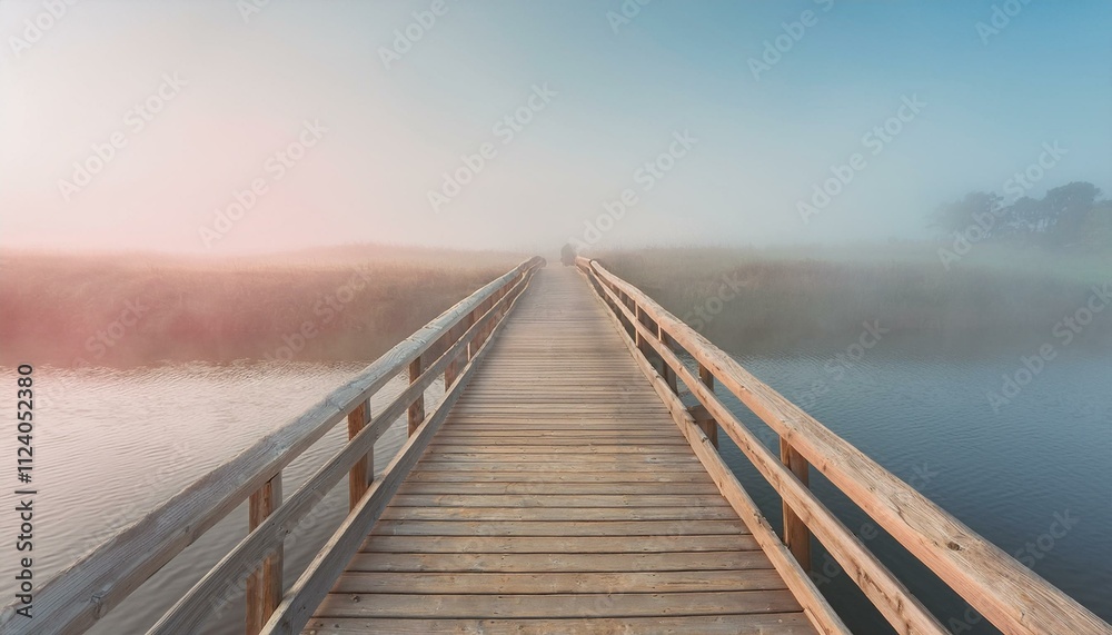 Obraz premium The concept of happiness and new beginnings: Rustic wooden bridge over a tranquil river, starting a serene journey.
