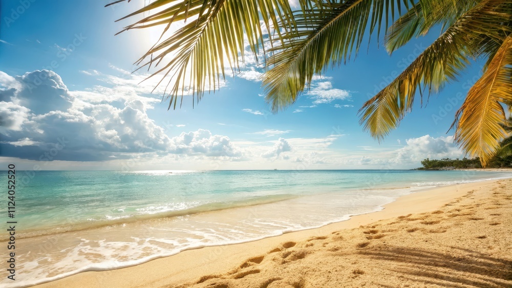 Obraz premium Idyllic tropical beach scene with palm fronds, sunny sky, and gentle waves lapping golden sand