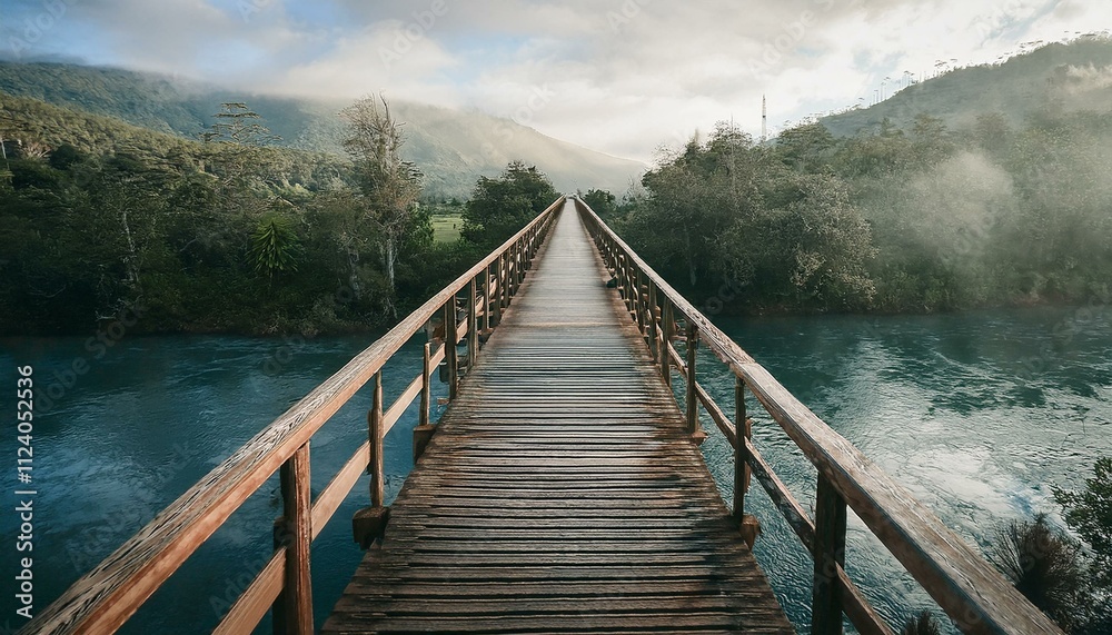 Fototapeta premium The concept of happiness and new beginnings: Rustic wooden bridge over a tranquil river, starting a serene journey.