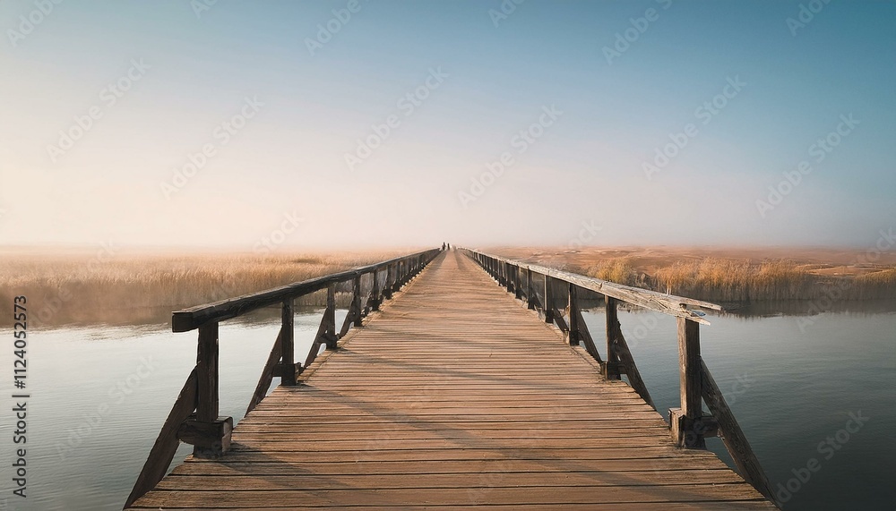Fototapeta premium The concept of happiness and new beginnings: Rustic wooden bridge over a tranquil river, starting a serene journey.