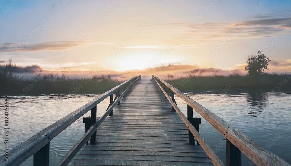 Obraz premium The concept of happiness and new beginnings: Rustic wooden bridge over a tranquil river, starting a serene journey.