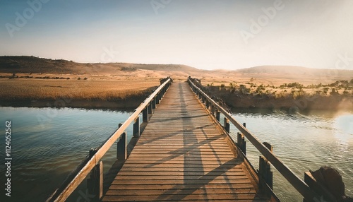 Wallpaper Mural The concept of happiness and new beginnings: Rustic wooden bridge over a tranquil river, starting a serene journey. Torontodigital.ca
