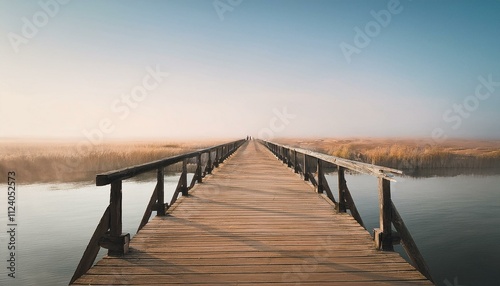 Wallpaper Mural The concept of happiness and new beginnings: Rustic wooden bridge over a tranquil river, starting a serene journey. Torontodigital.ca
