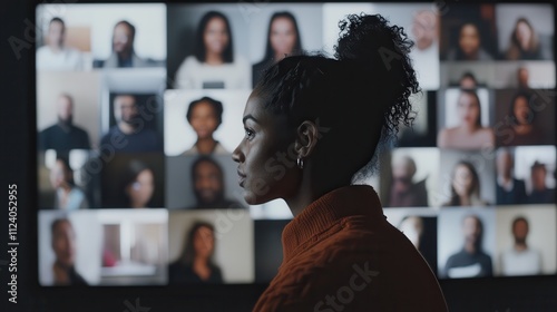 A remote team video call with participants of different races, sharing screens and documents photo