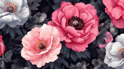 Pink and white embroidered flowers bloom against a dark background. Ideal for textile designs, wallpaper, or romantic themed projects.