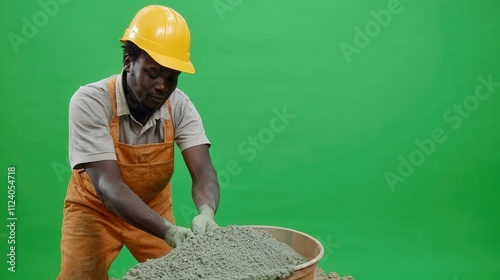 An African construction site helper mixing cement, greenscreen background, full body photo