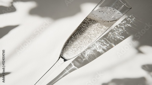 Elegant Champagne Flute Filled with Bubbles Reflecting Light on White Background