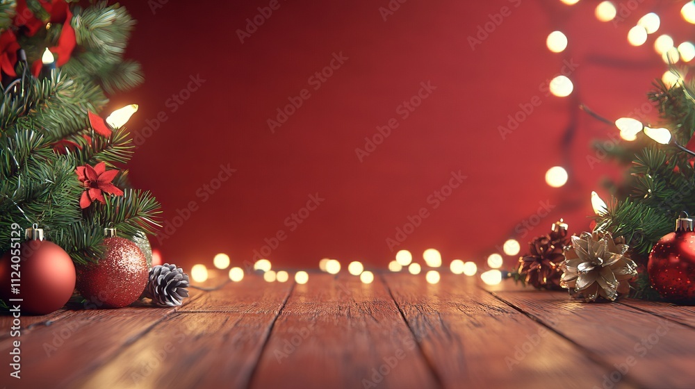 Festive Christmas Decorations with Vibrant Red Background and Twinkling Lights Festive Christmas Decorations with Vibrant Red Background and Twinkling Lights