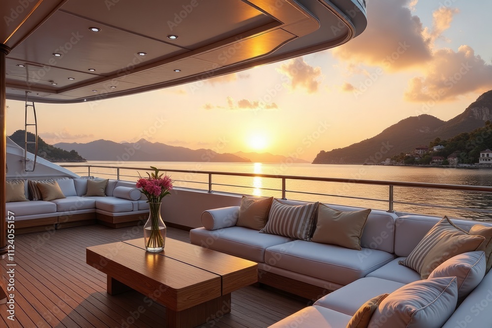 Fototapeta premium Luxurious Yacht Deck Sunset View Serene Seascape