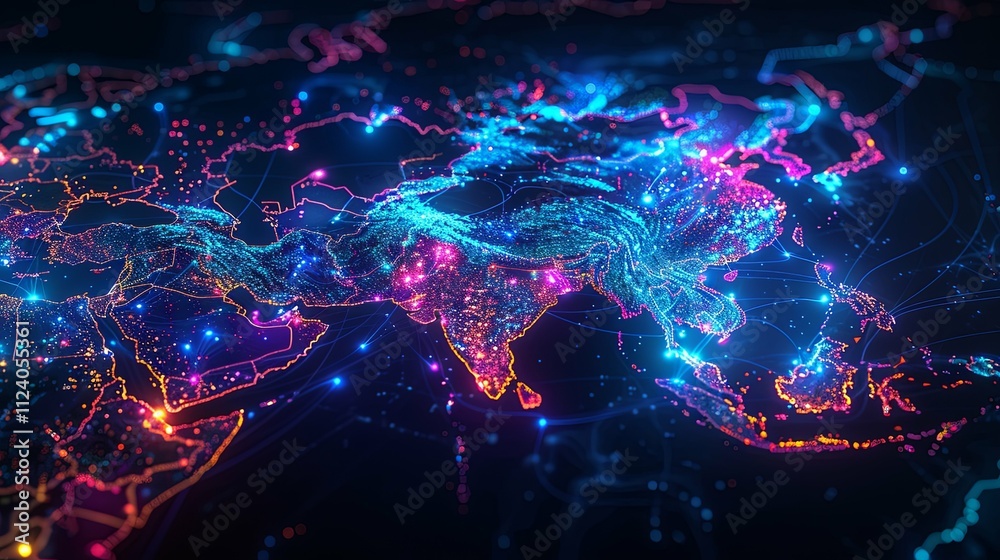 Fototapeta premium Digital Global Network Illuminating Asia and Surrounding Regions